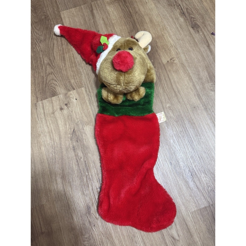 Vtg Christmas Stocking 3D Reindeer/Moose Plush Fuzzy‎ Red Nose 26" Fairview